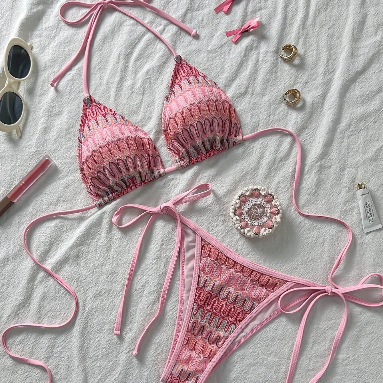E-shop Damen 2-teiliger Badeanzug mit Muster, Spezialstoff Halsband-Dreiecktasche, mit seitlichen Trägern, Badehose, Strandbekleidung für erwachsene