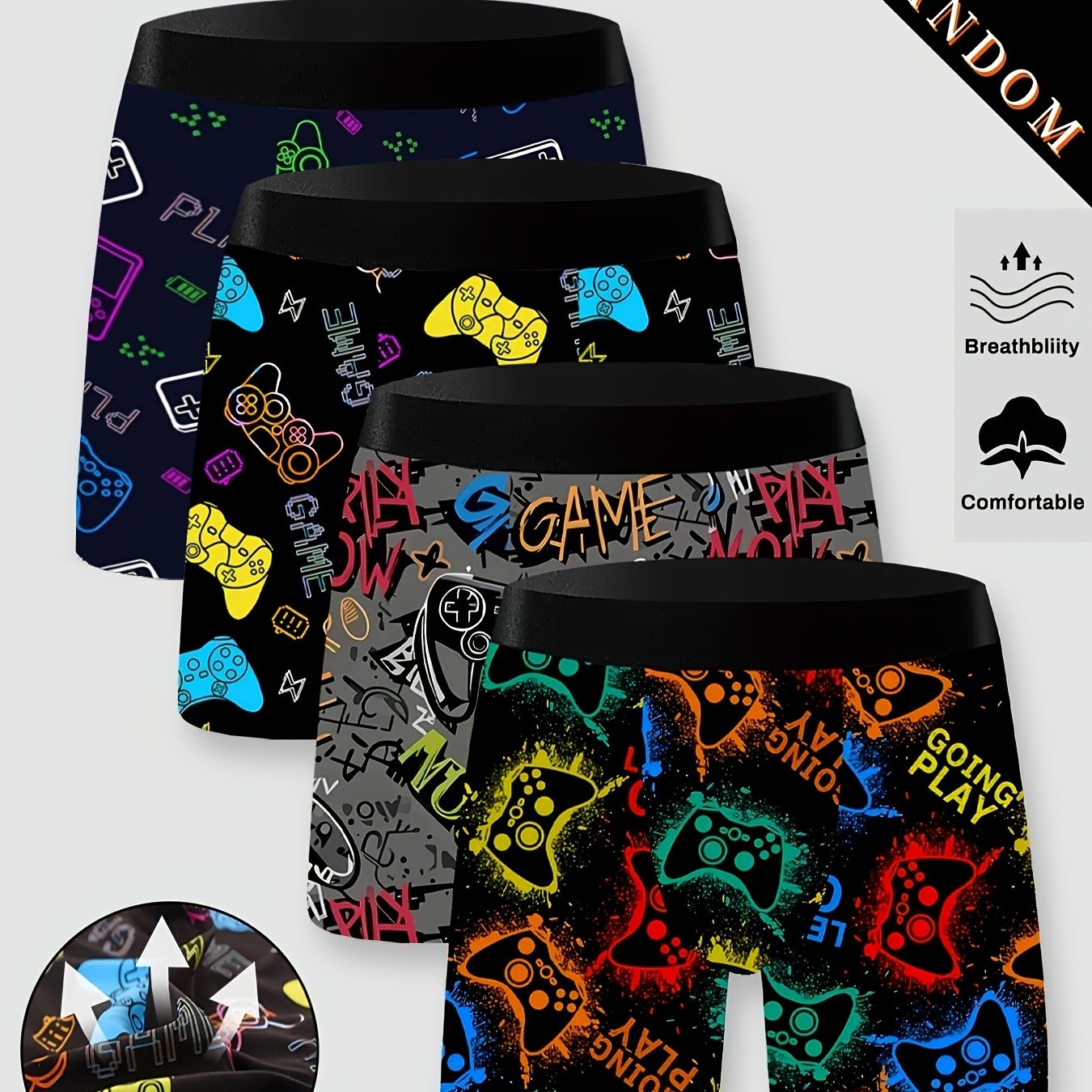 TEMU Random 3pcs Full Graffiti Game Controller Elements Men's Boxer Briefs, Elastic Fashion Comfortable Breathable, Trendy Game Console Print, Casual