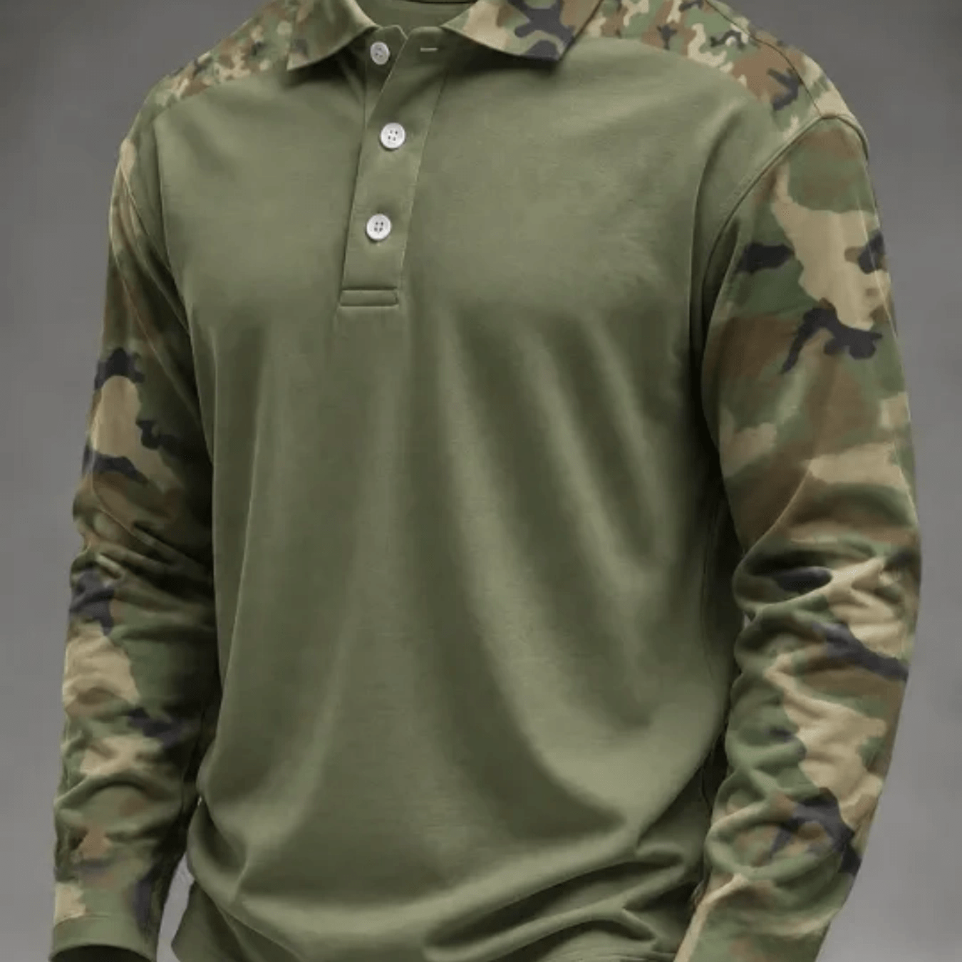 TEMU Men's And Teenagers' Shirt, Long Sleeve Solid Color Body Camouflage Splicing Print Lapel With Three-button , Casual , Plus Size