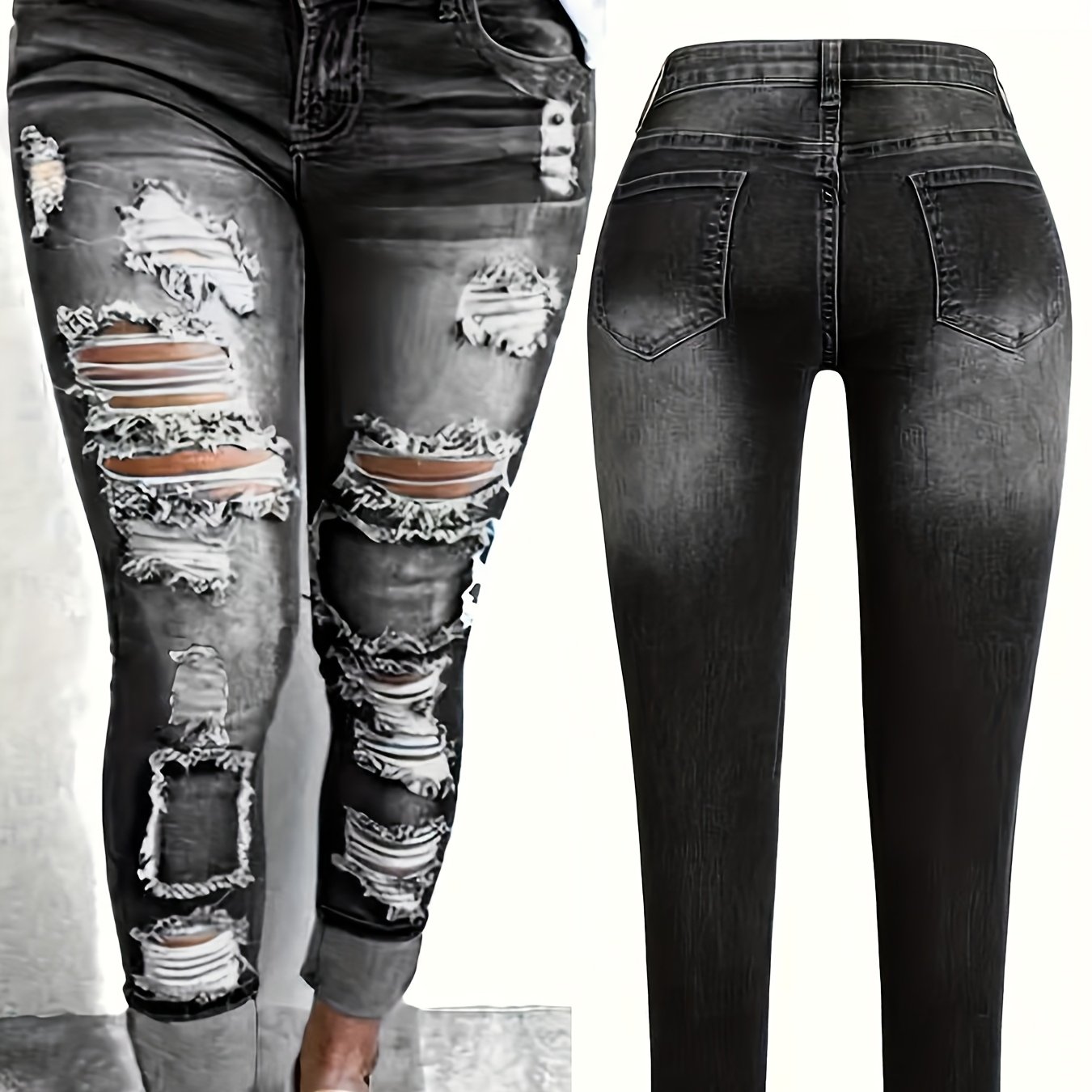 Washed Ripped Stretch Jeans Casual