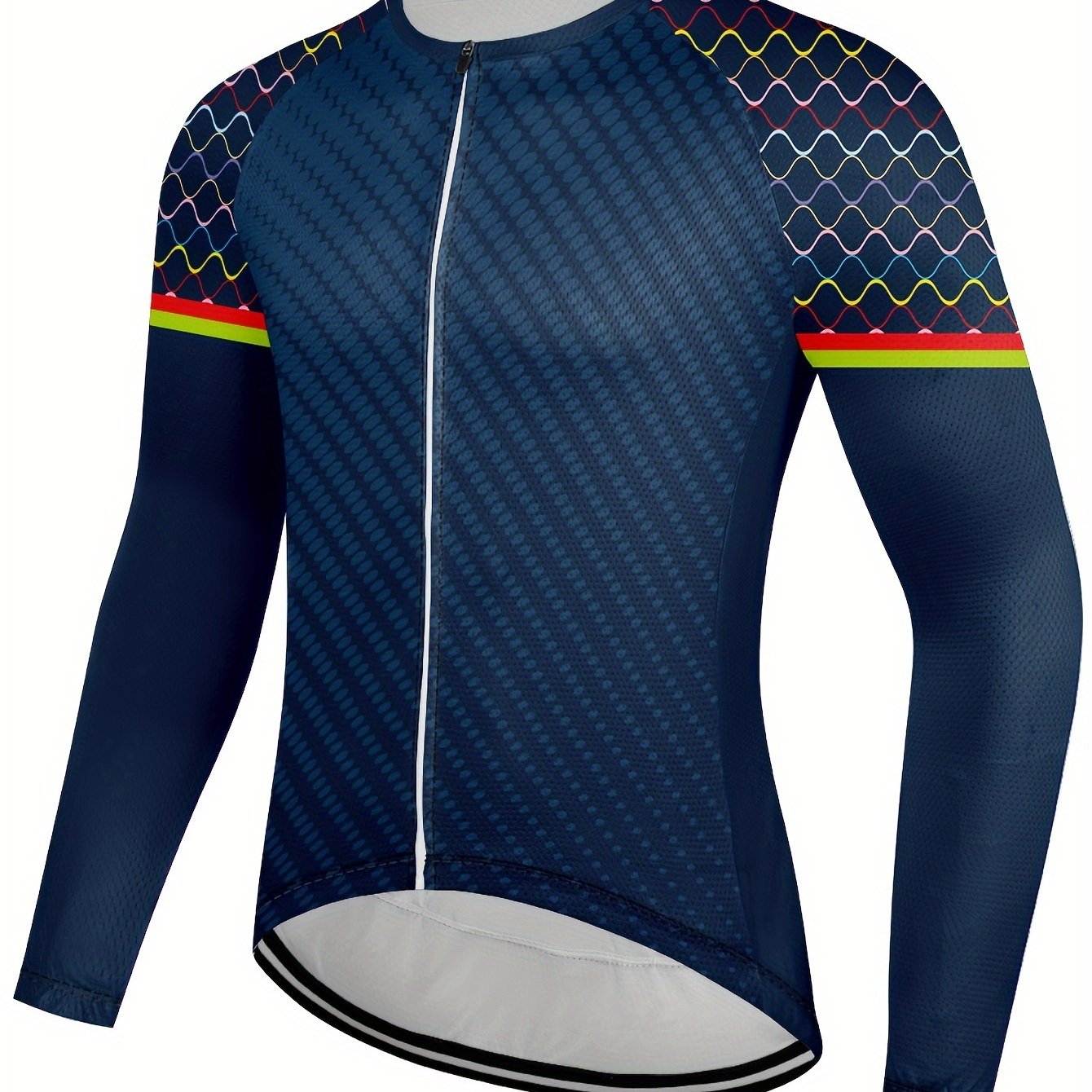 TEMU Men's Curve Pattern Zip Up Long Sleeve Cycling Jersey, 3 Rear Pocket Mtb High Quality Maillot Bike Shirt Mountain Bicycle Clothing