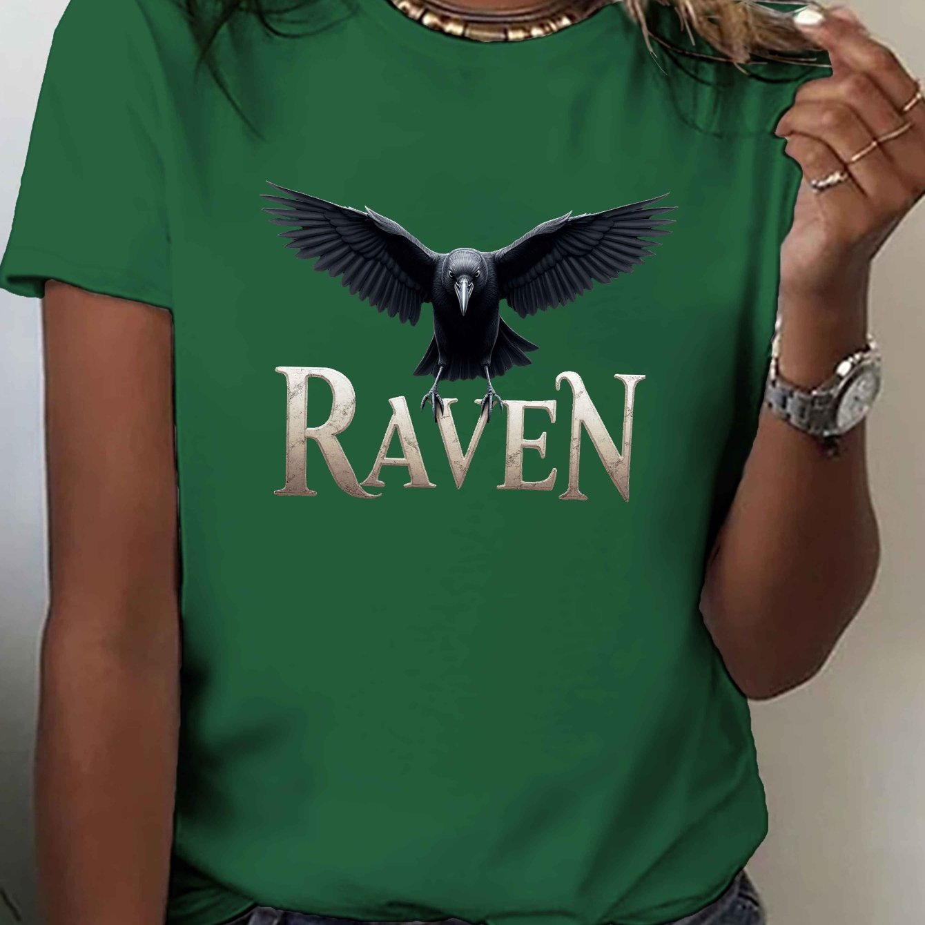 TEMU Casual Short-sleeve Crew Neck T-shirt Featuring A Black Print, Perfect For Spring And Summer, Designed For Women