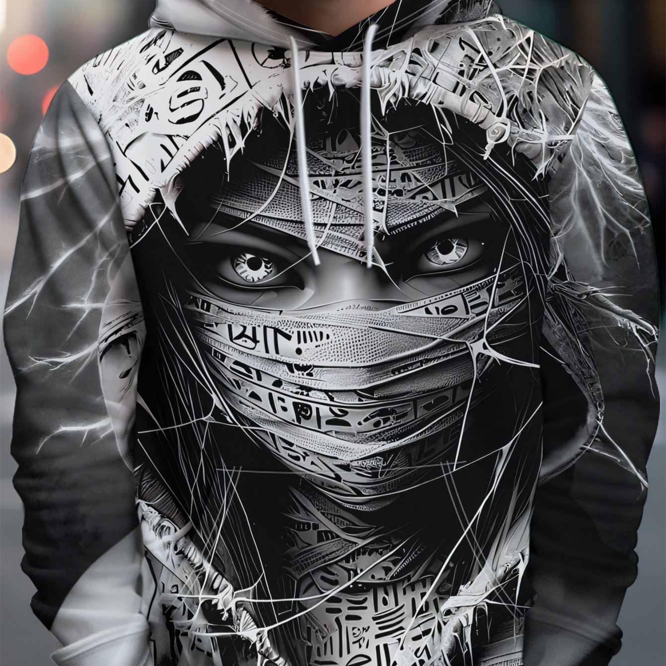 TEMU Men's Individual Style Hooded Sweatshirt With Full Band On Hood, Sharp Eyes And Lightning Wrapped - Full Street Trendy Style, Rich And Artistic