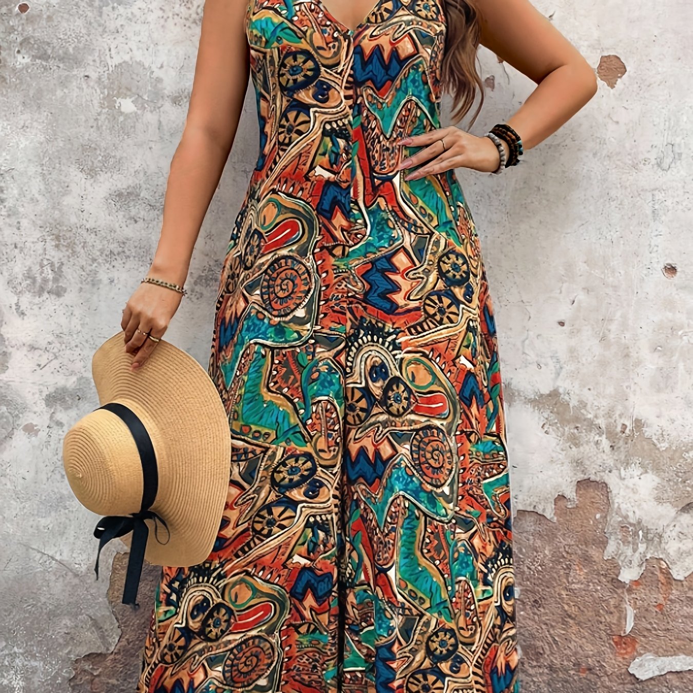 TEMU Women's Casual Vacation Print Jumpsuit, V-neck Sleeveless Design, Wide-leg Silhouette, Suitable For Vacation And Daily Wear