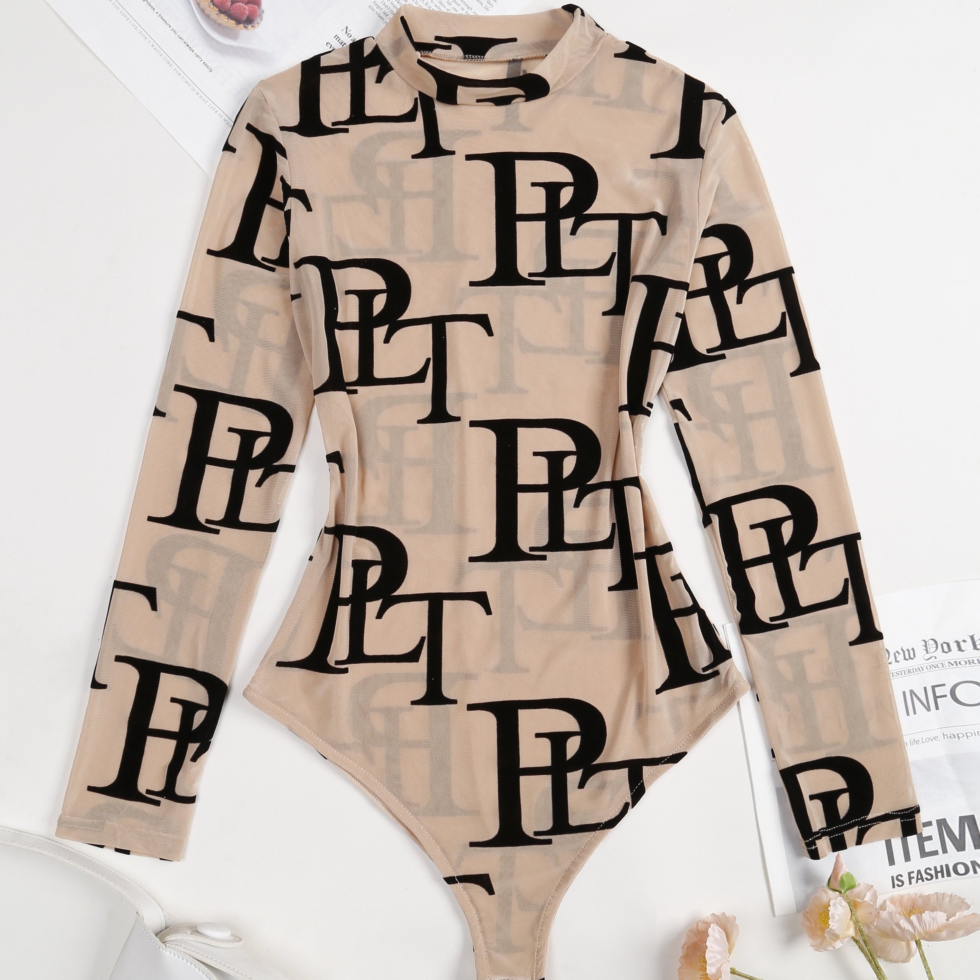 Flocked Letter Print Sexy Slim-fit Long Sleeve Bodysuit
