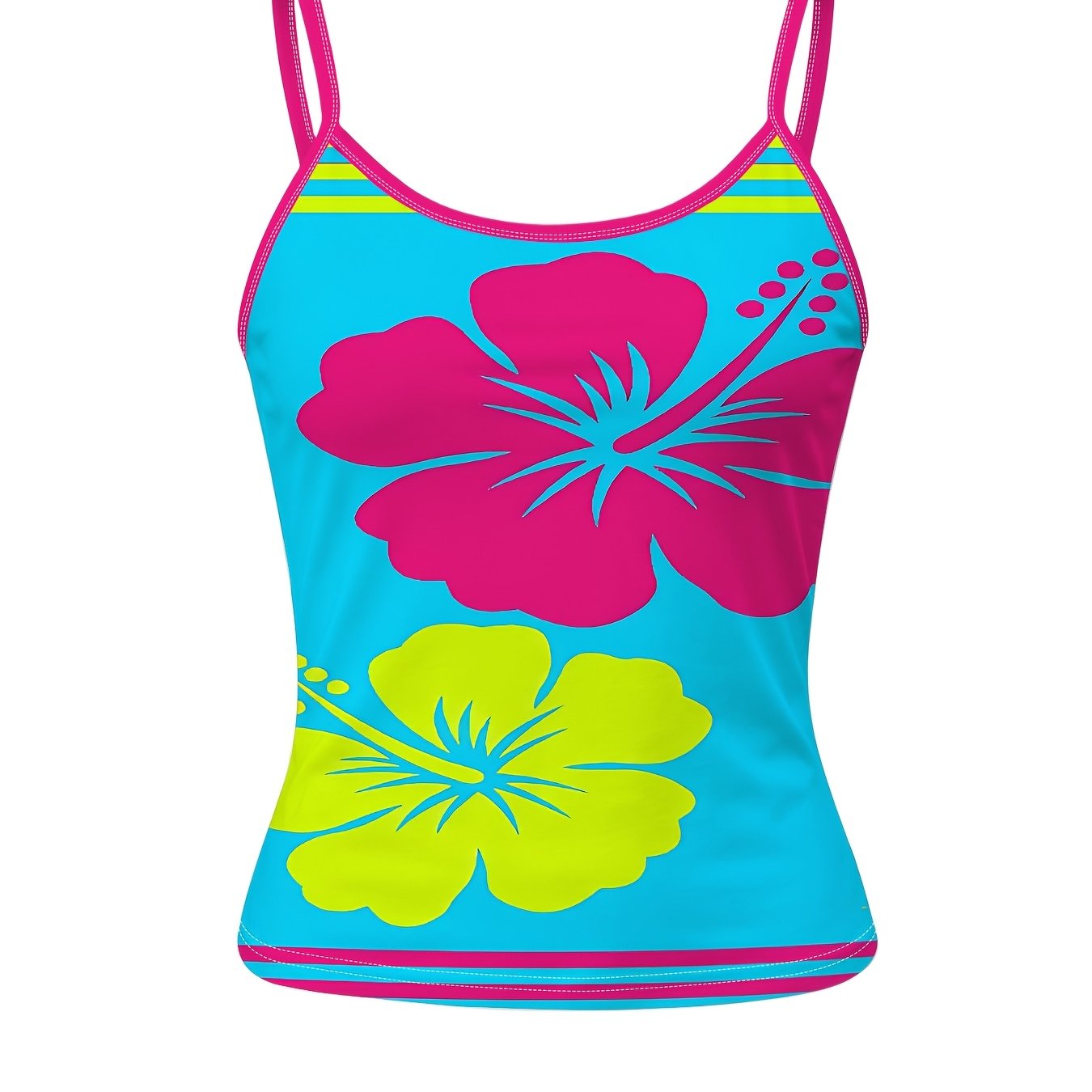 TEMU Colorful Floral Pattern Women's Swimsuit Top, Blue Halter Neck Sunscreen Swimwear, Summer Beach Outfit