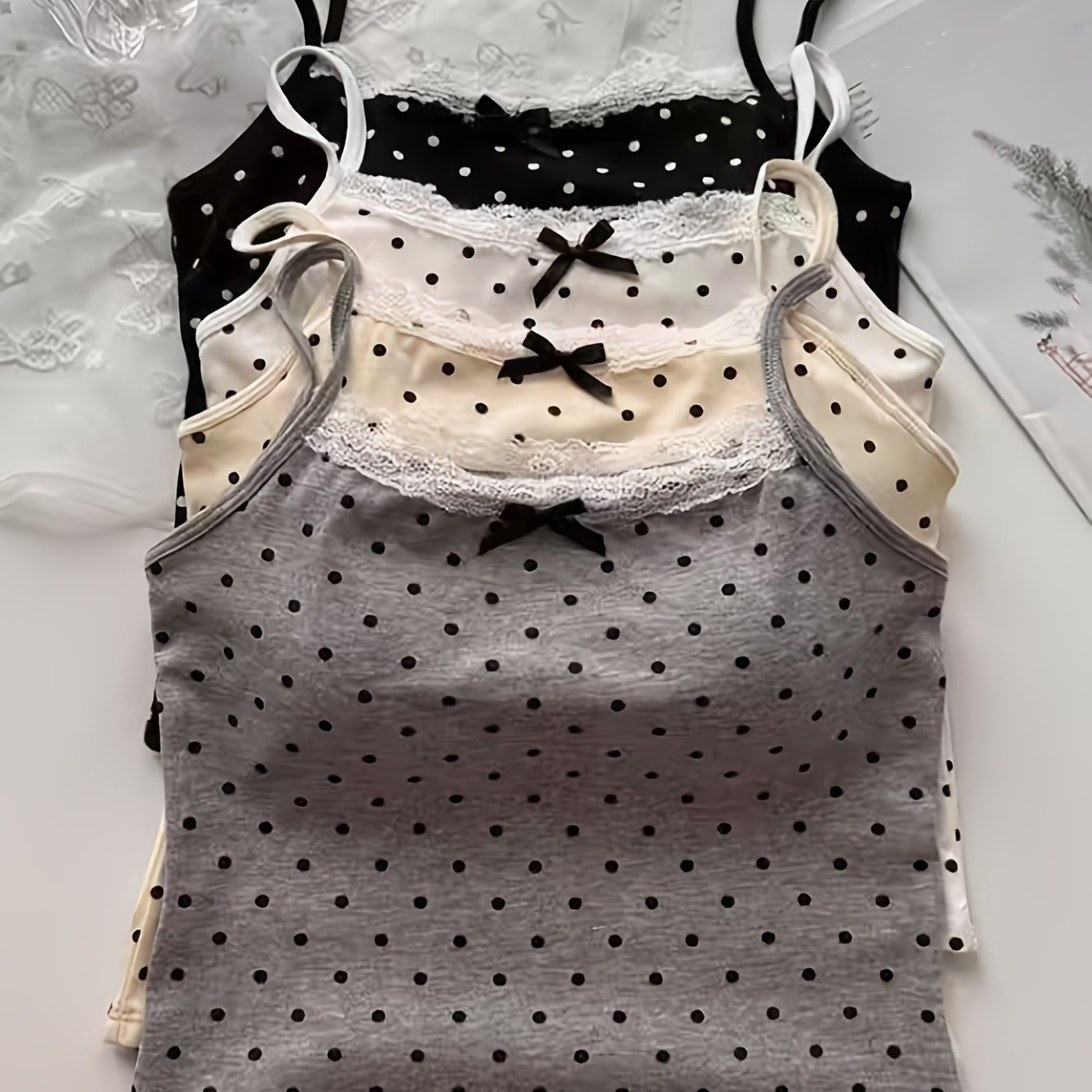 TEMU Set Of 4 Spring And Summer Bow Polka Dot Suspender Vest Teenager's With Chest Pad Outer Wear Inner Wear Beautiful Back Summer Top, For Teenager,