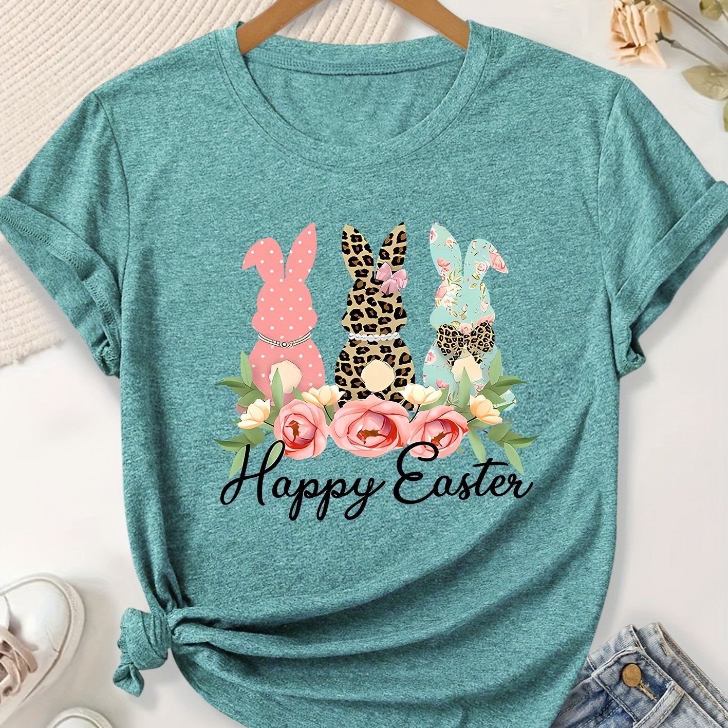 TEMU Women's "" Graphic Tee With Cute Bunny & Leopard - Short Sleeve, Round Neck, Polyester, Spring/summer Top, Spring Casual Wear | Print Top | Knit Construction, Easter T Shirts