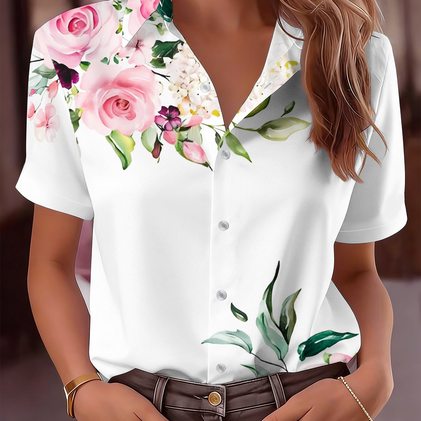 TEMU Women's Short-sleeve Blouse Shirt - Full-body Pink Rose Botanical Print Collar Top | Breathable Polyester Shirt Suitable For Spring/summer,
