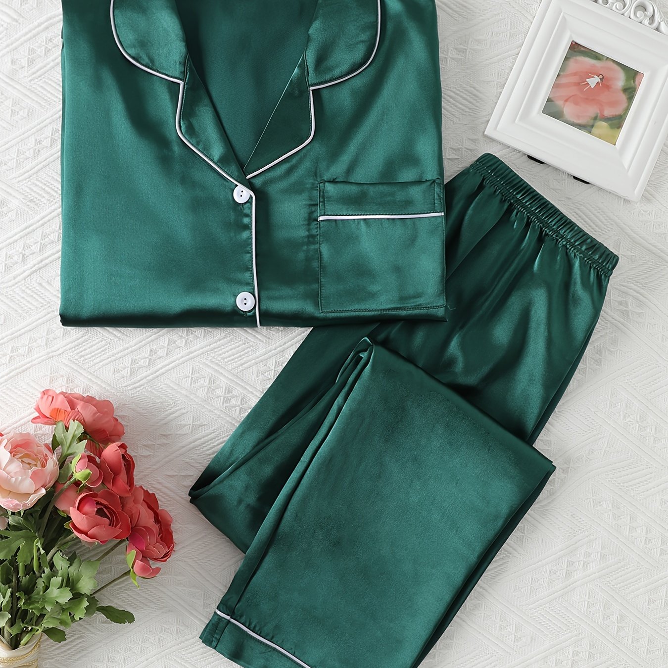 TEMU Simple Solid Satin Pajama Set, Long Sleeve Buttons Lapel Top & Pants, Women's Sleepwear