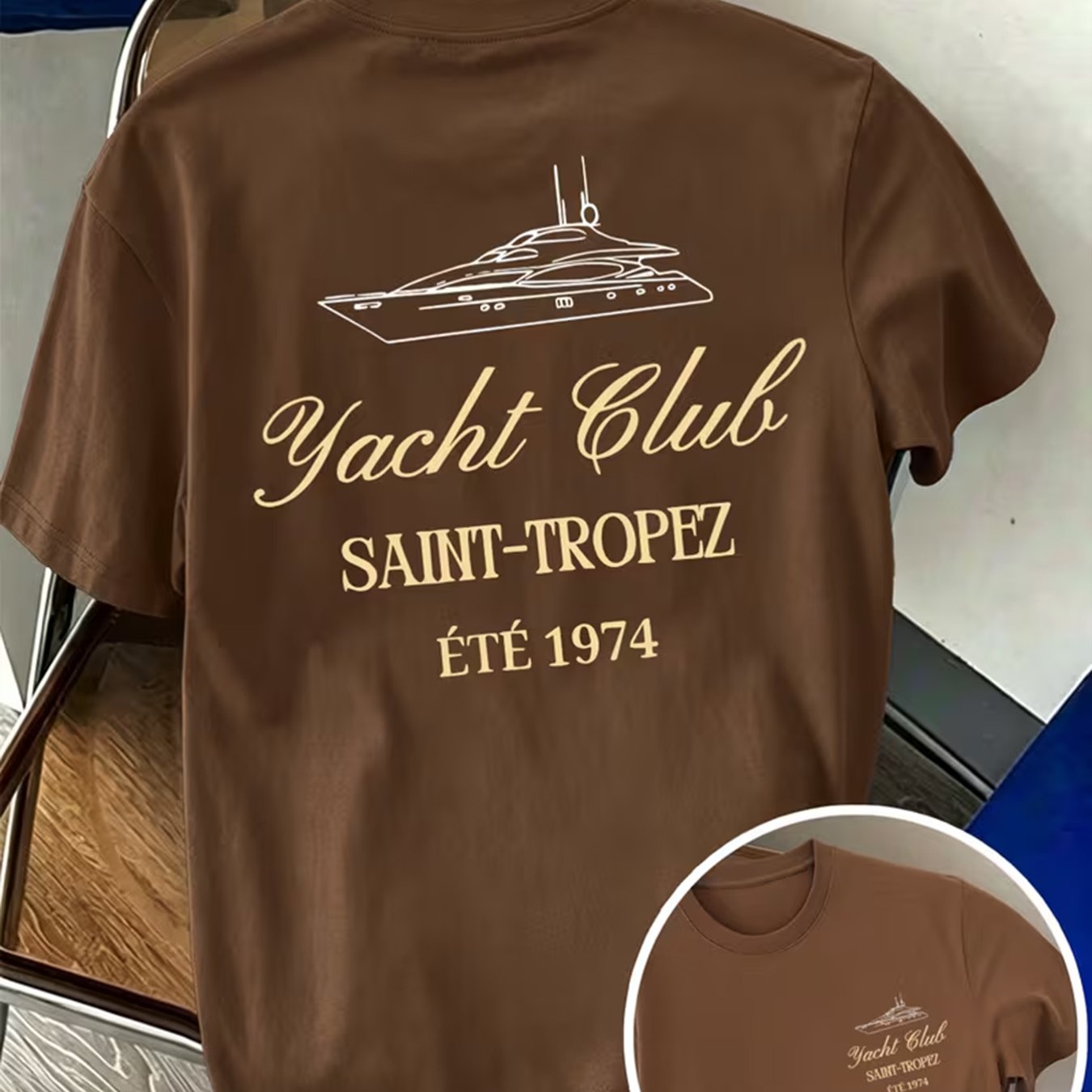 TEMU Yacht Club Vintage Style Men's Pure Cotton T-shirt, Featuring Front And Back Double-sided Yacht Line Graphics   English Print, Exuding Luxury