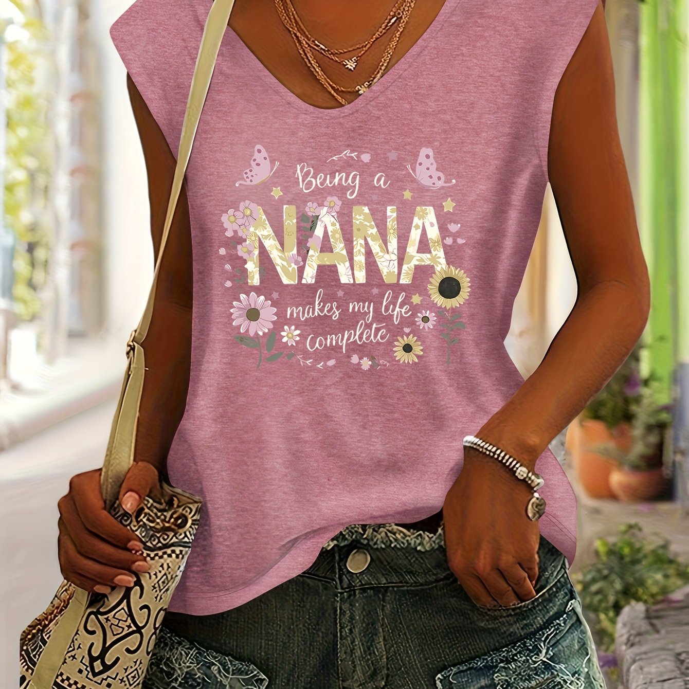 TEMU Letter And Floral Pattern European And American Women's Top, Spring/summer Fashion Versatile Beach Vacation Casual Color V-neck Short Sleeve