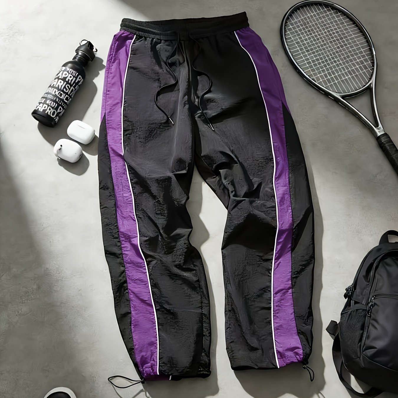TEMU Men's Loose Purple Black Color-block Ice- Casual Trousers, Stretch Ankle-cinching Athletic Pants Cross-border Hot Item, Men's Trendy Striped