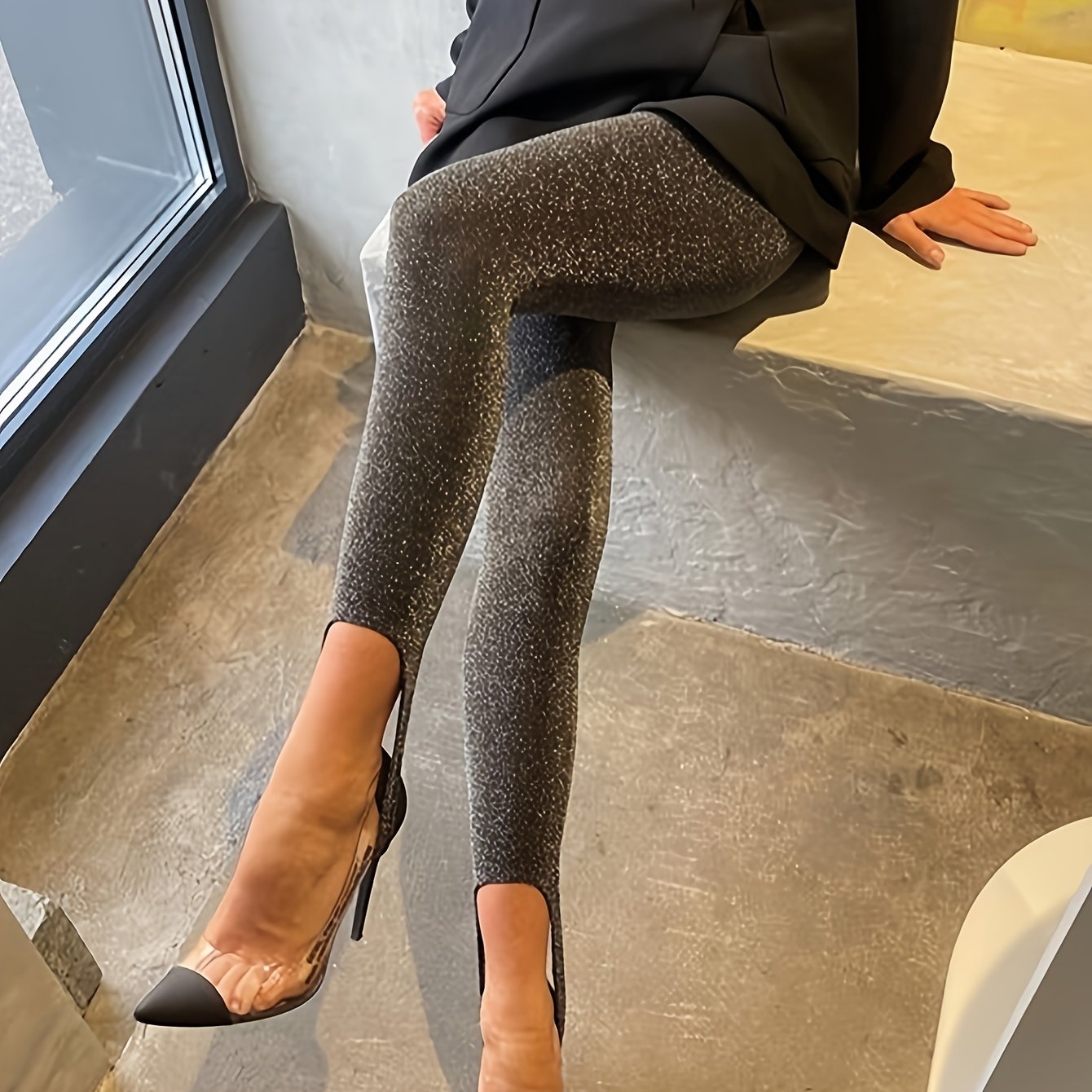 Image of European And American Elegant High Elastic Silvery Fabric Step-on Leggings Sexy Tight Nine-inch Pants