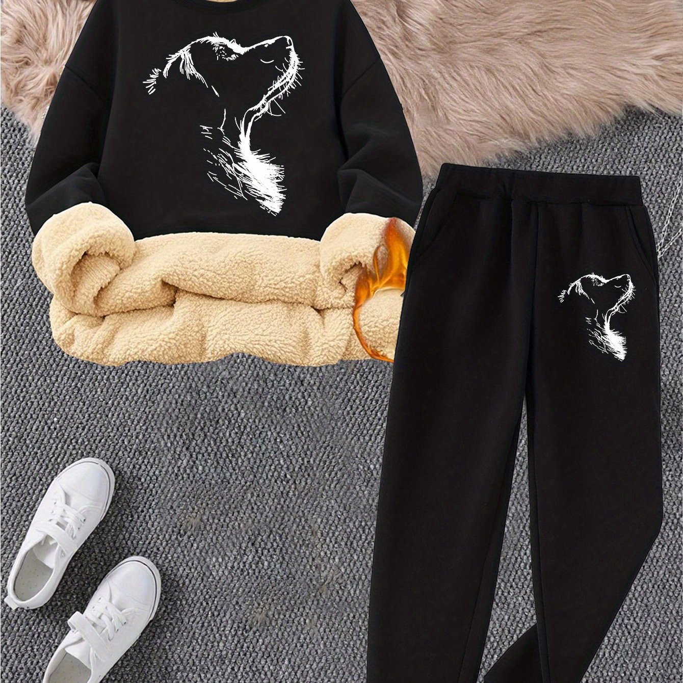 TEMU Cute Puppy Print, Stylish And Casual Autumn-winter Women's Outfit, Featuring A Fleece-lined Warm Sweatshirt With Tapered Long Pants In A