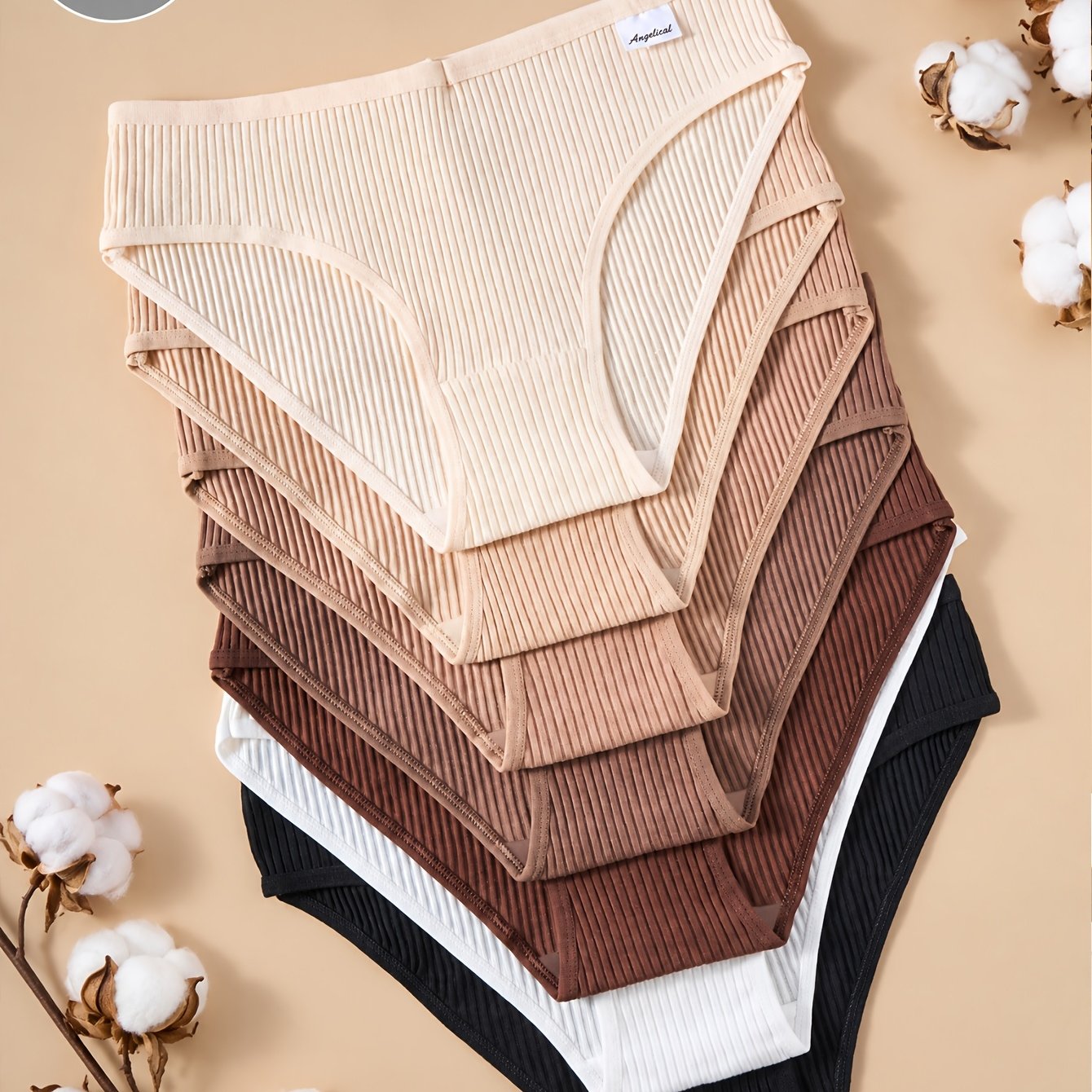 Image of 7pcs Women's Mid-rise Ribbed Briefs Simple Striped Design, Breathable And Comfortable Casual Wear Cute Women's Underwear