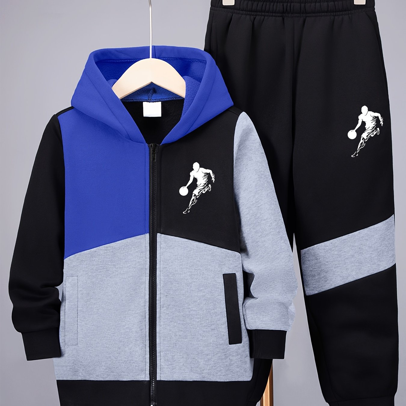 Image of 2pcs Boys' Casual Sportswear Set, Basketball Player Block Zip-up Hoodie + Pants, -lined Fashion Kids' Outfit For Autumn/winter, Perfect For Outdoor,christmas,halloween