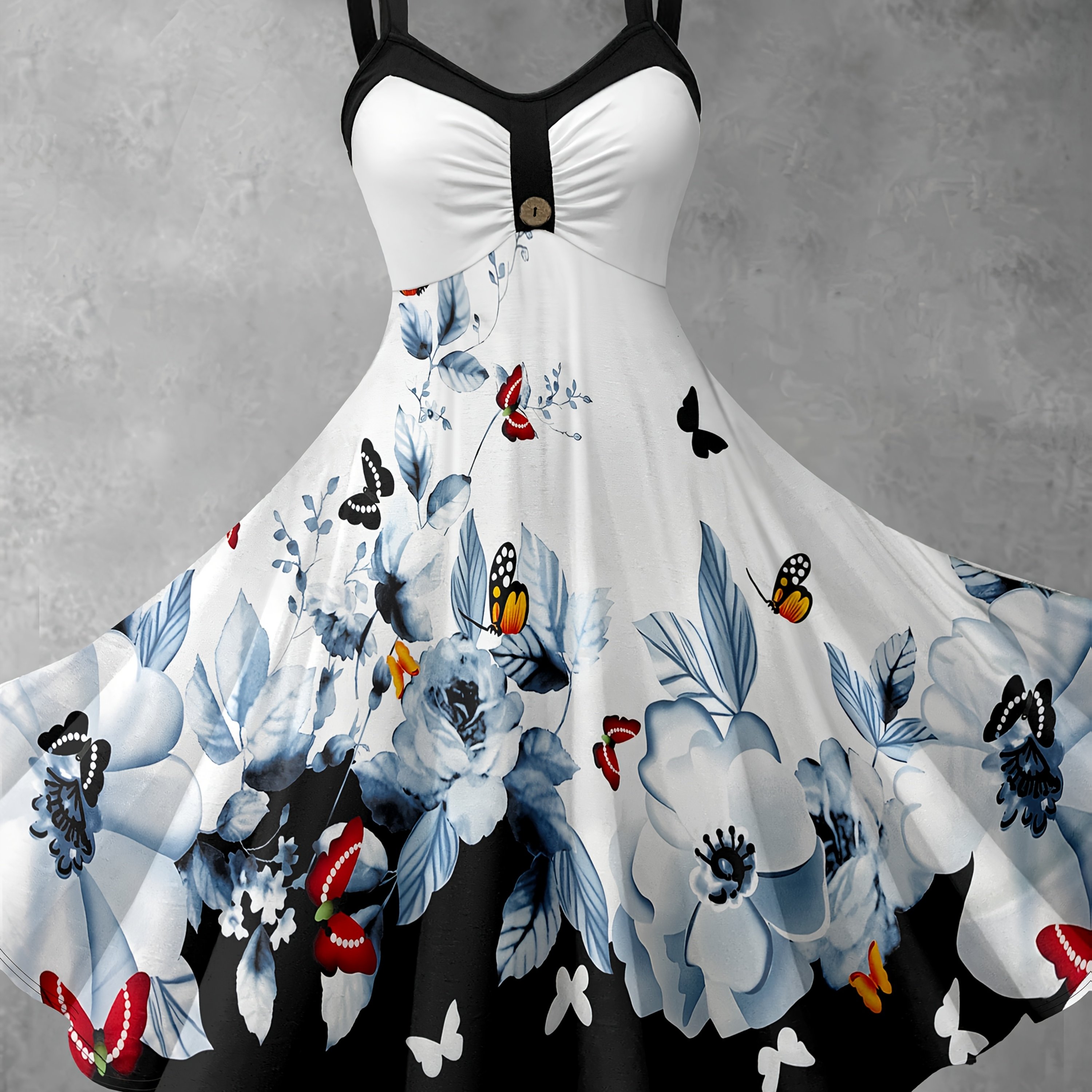 Image of Women's Floral Print Camisole Dress, Color-block Flared Maxi Dress, Beach Elegant Long Dress