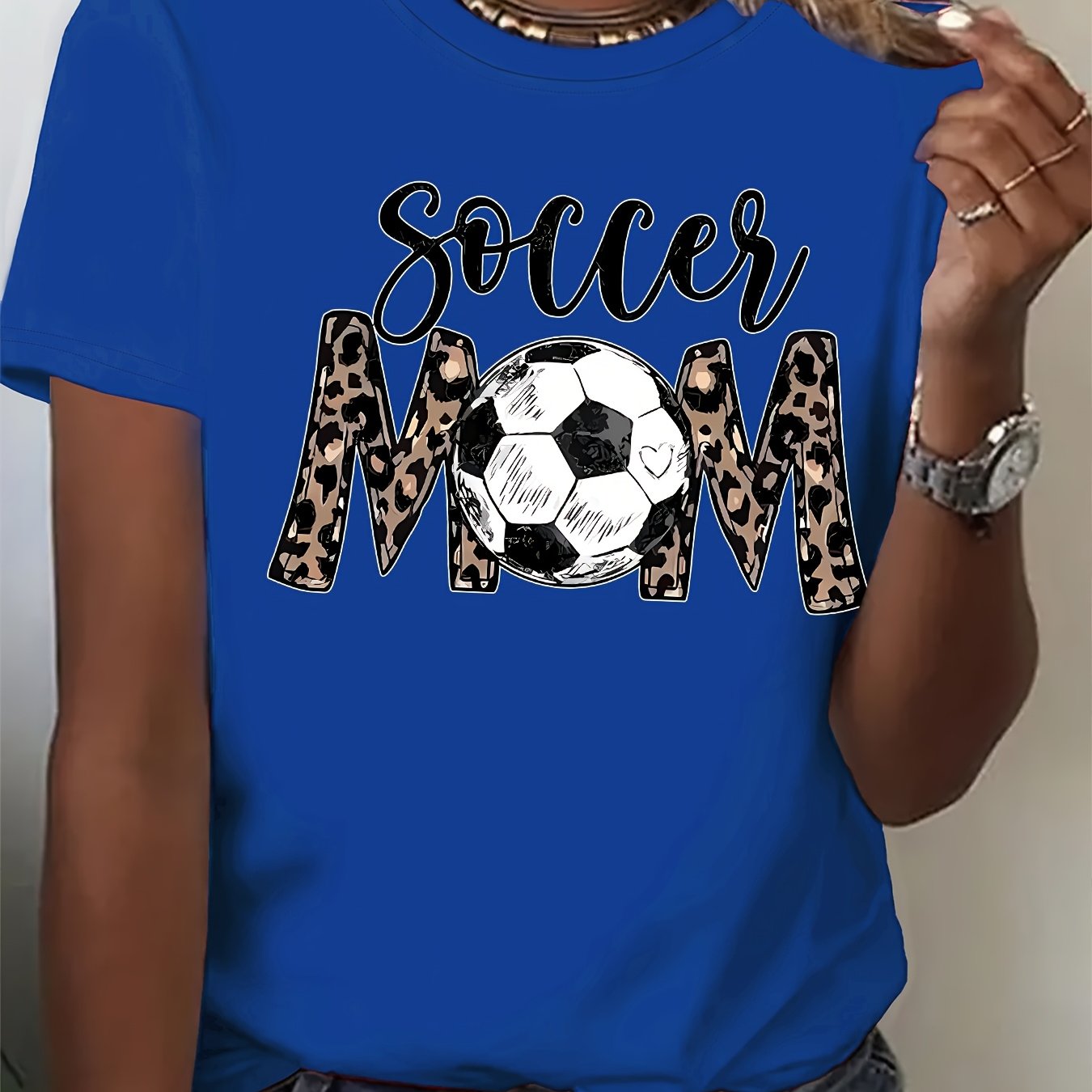 TEMU (001#) Women's Fashion Round Neck T-shirt, Soccer Mom Leopard Print Letter Football Pattern Short Sleeve T-shirt Style Casual Top