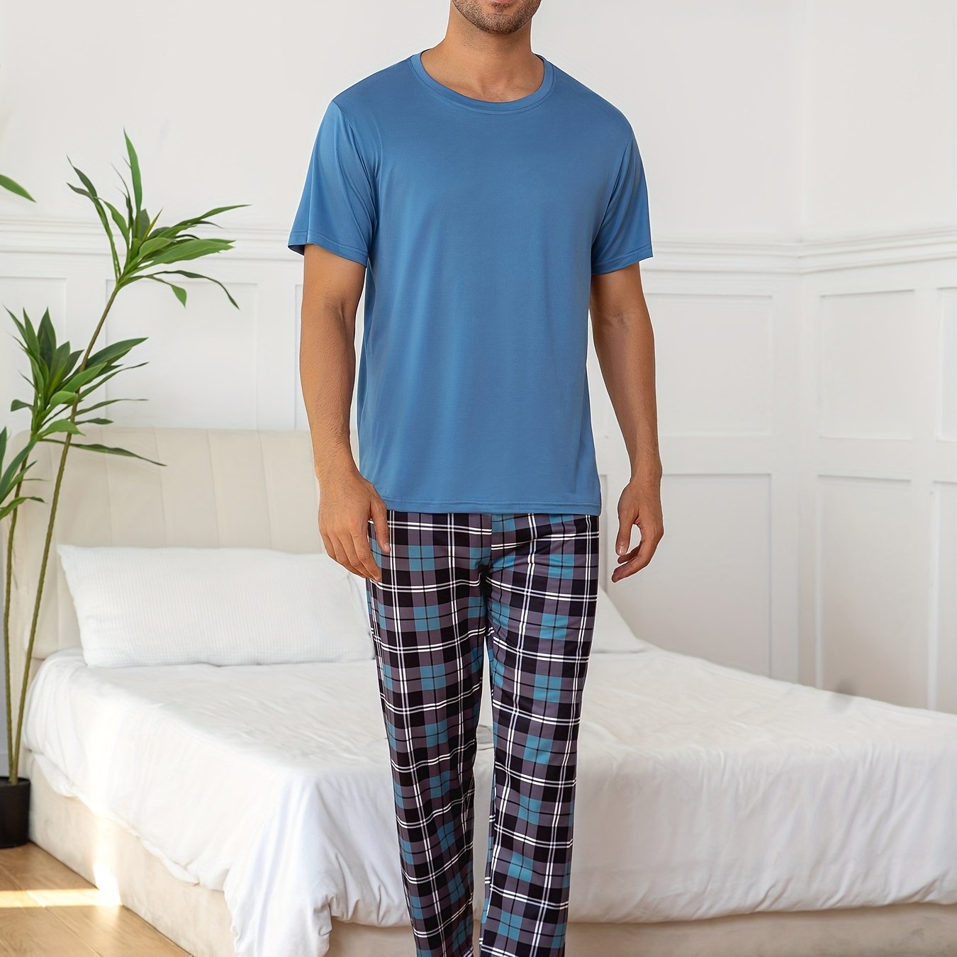TEMU Ensemble pyjama homme 2 pièces : haut à manches courtes uni et pantalon à carreaux