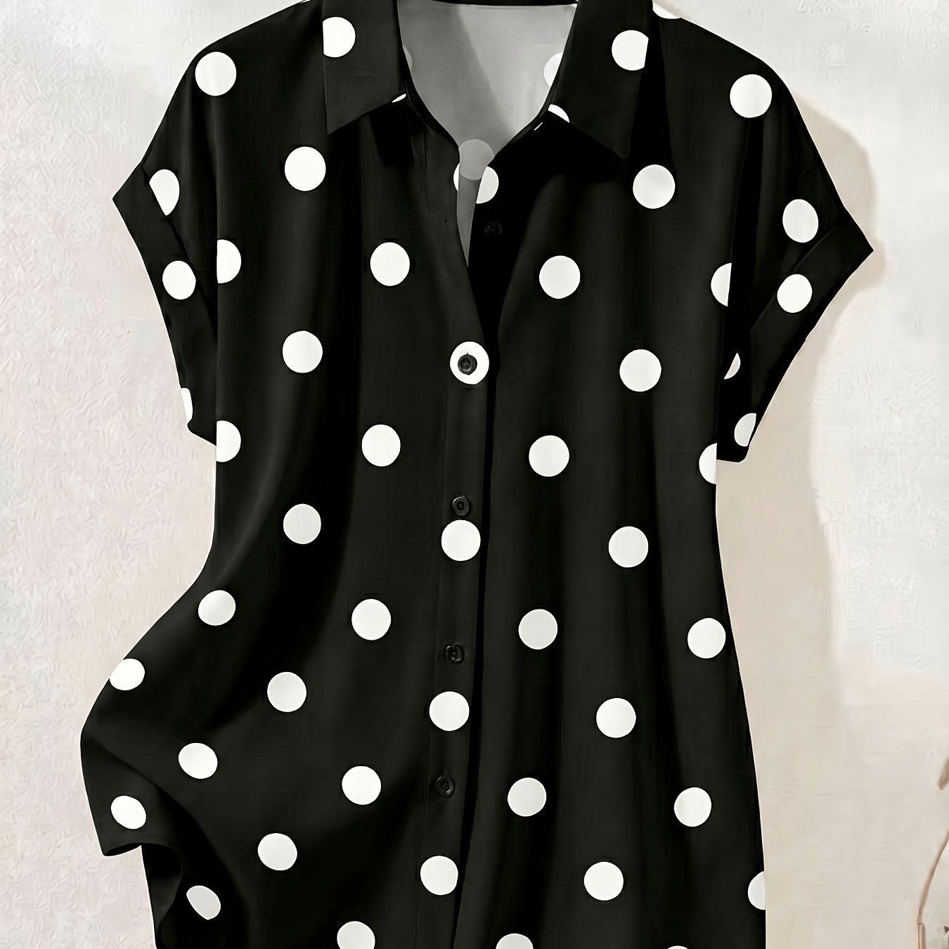 TEMU Summer Fashion Black And White Polka Dot Single-breasted Off-shoulder Short-sleeve Shirt, Elegant And Casual Women's Top, Suitable For Office