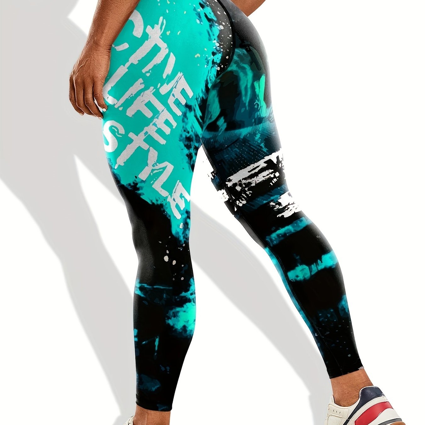 Image of Women's Printed Yoga High Waist Sports Tight Leggings, Colorful Graffiti Letter Control Abdomen Elastic Running Pants, Women's Casual Pants, Sportswear Yoga Pants