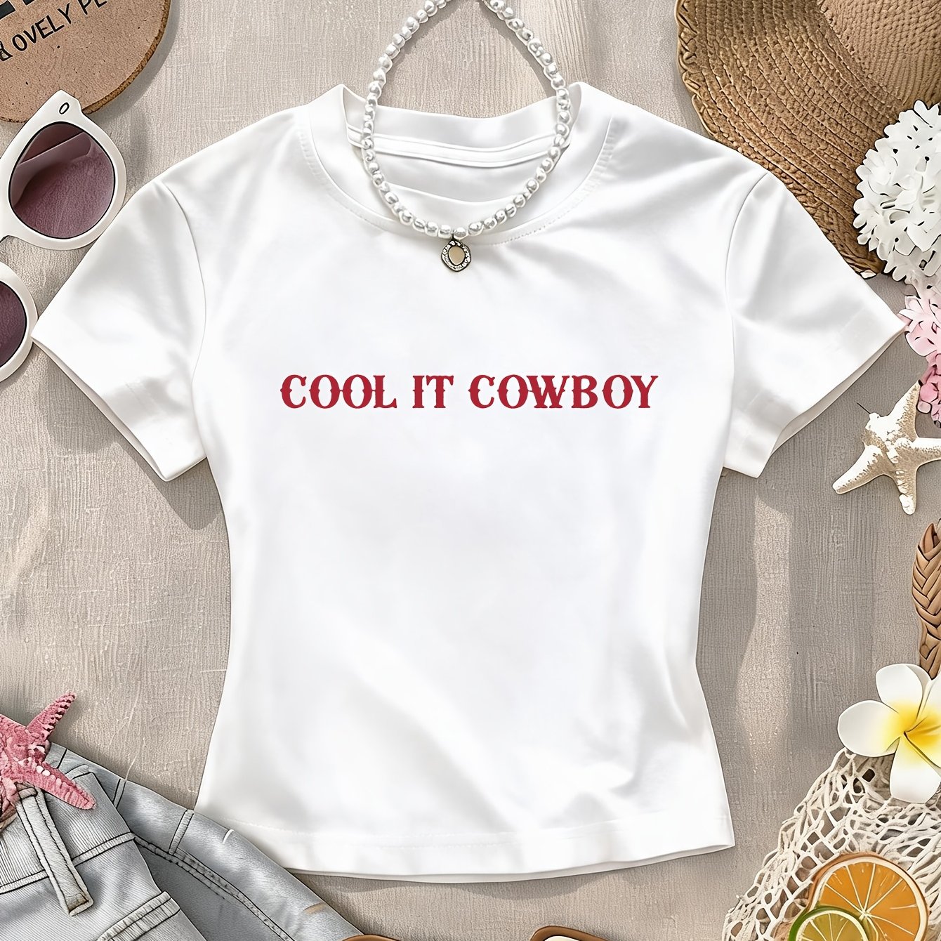 TEMU 00008-creative Cool Denim Font Print T-shirt, Short Sleeve Round Neck Casual Top, Women's Size Z5611