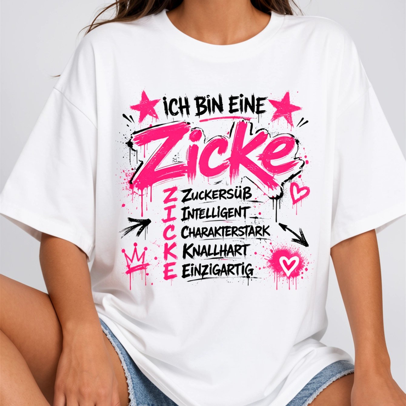 Image of Plus Size, 1pc, German Ich Bin Eine Zicke Women's T-shirt - Attitude Slogan With Stars & Hearts, Lettering, Casual Fit Suitable For - Wear, Empowerment Statement Tee