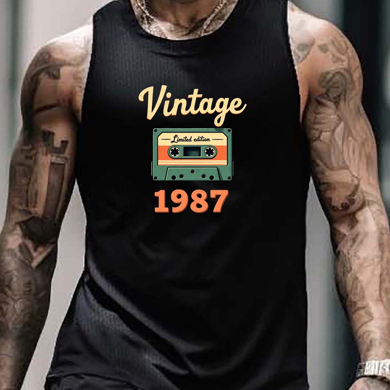 TEMU Men's Sleeveless Athletic Tank Top Featuring A Edition Vintage Cassette Print From 1987, Designed For Casual And