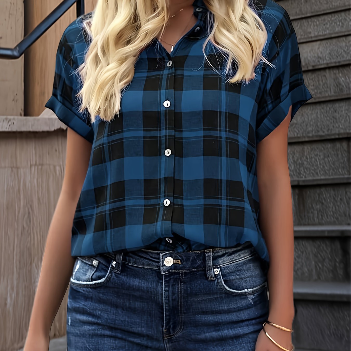 Women's Checked Blouse Short Sleeve Tops Casual Loose V-neck Shirt Blouse Button Summer Tunic T-shirt Tops