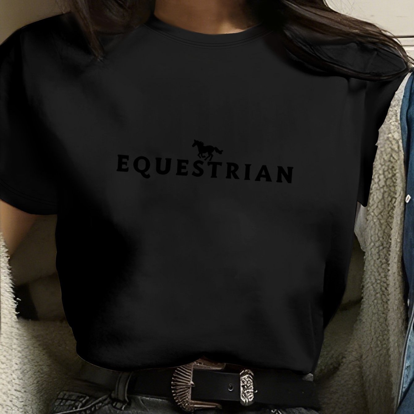 TEMU Round Neck Short Sleeve With Equestrian Text And Horse Pattern, Spring/autumn Casual Daily Women's T-shirt