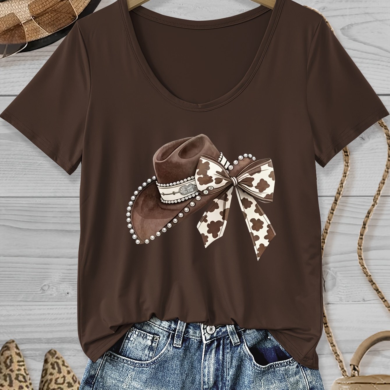 TEMU Women's Summer Casual Stretchy Comfortable Short-sleeve T-shirt With Western Cowboy Hat And Bow Graphic Iron-on Transfer_9316