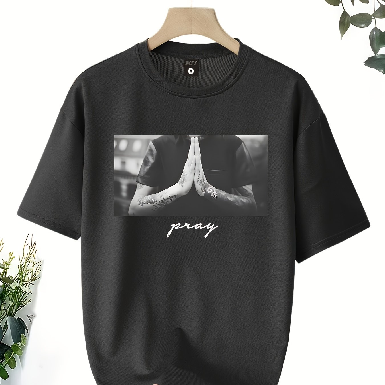 TEMU Camiseta de moda nueva para hombre, camiseta casual de manga corta para uso diario con estampado de la espalda de en de manos en oración,