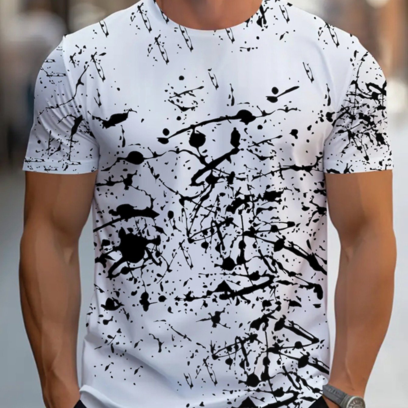 TEMU Men's Casual T-shirt For Restaurant Wear, White With Black Splatter Design, Made Of Fabric, Lightweight And Breathable, Ideal For Daily Use, ,