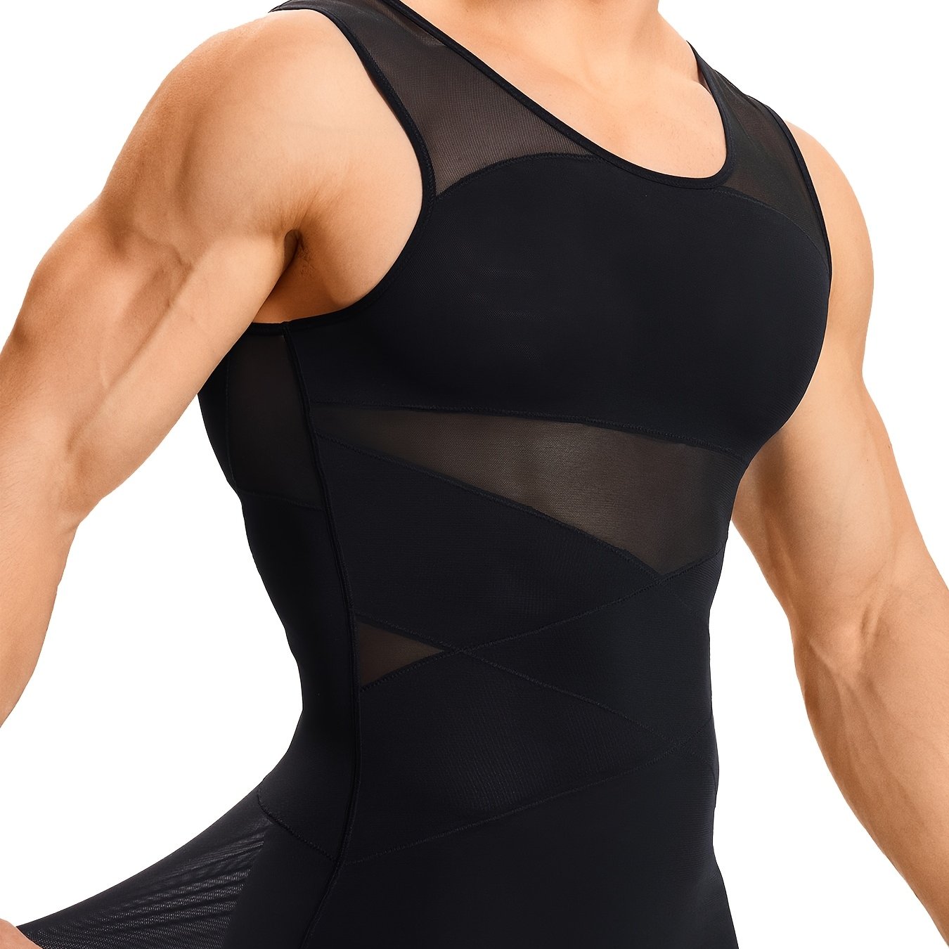 TEMU Men's High- Compression Tank Top - Breathable Tummy Control Shirt With Semi-sheer -back, Sleeveless Shirt Suitable For Gym, Postpartum & Body