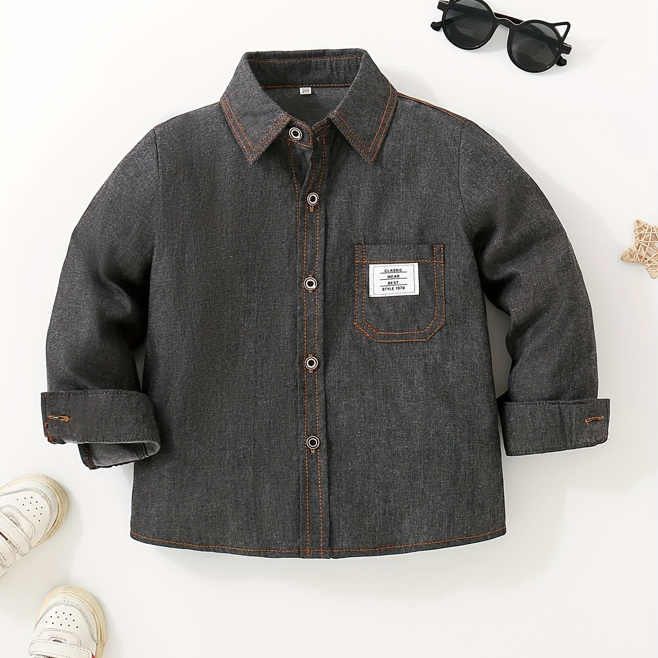 Boy&#39;s Casual Imitation Denim Shirt - Solid Color, Long Sleeve, Button-Up with Pocket Detail for Spring/Fall, *&#39;s, Autumn