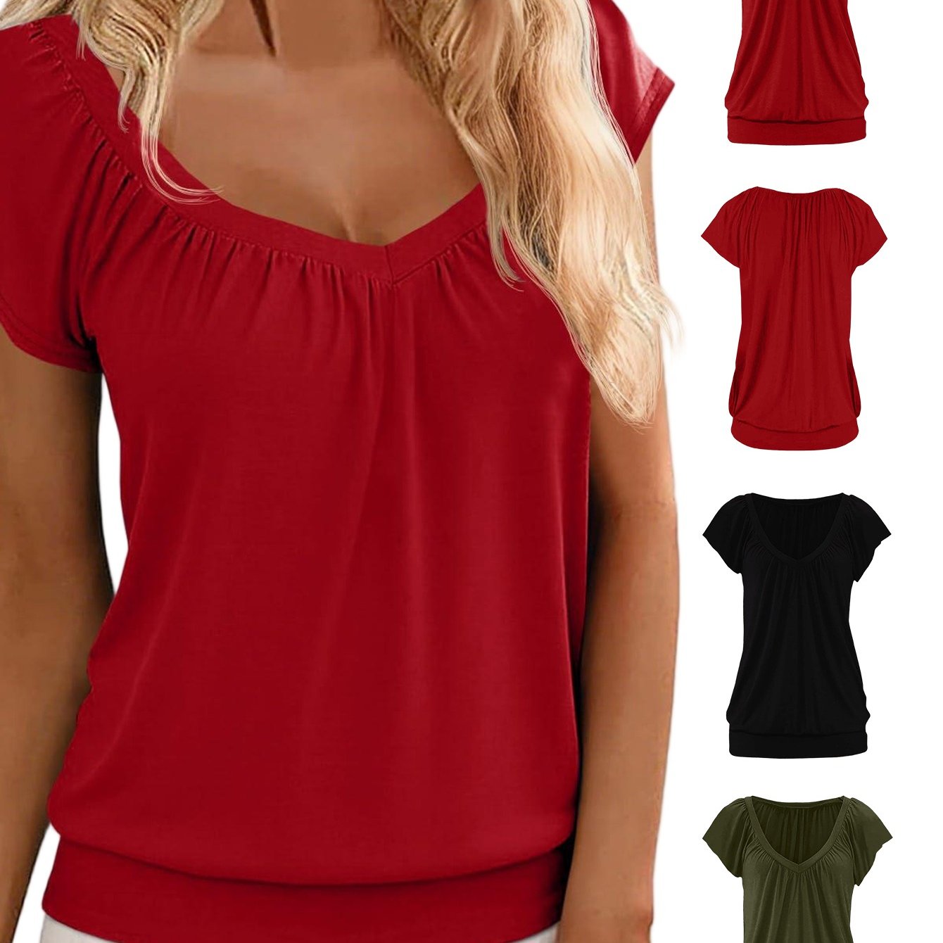Womens V Neck T Shirts Cap Sleeve Summer Casual Shirts -bottom Loose Fit Basic Tops