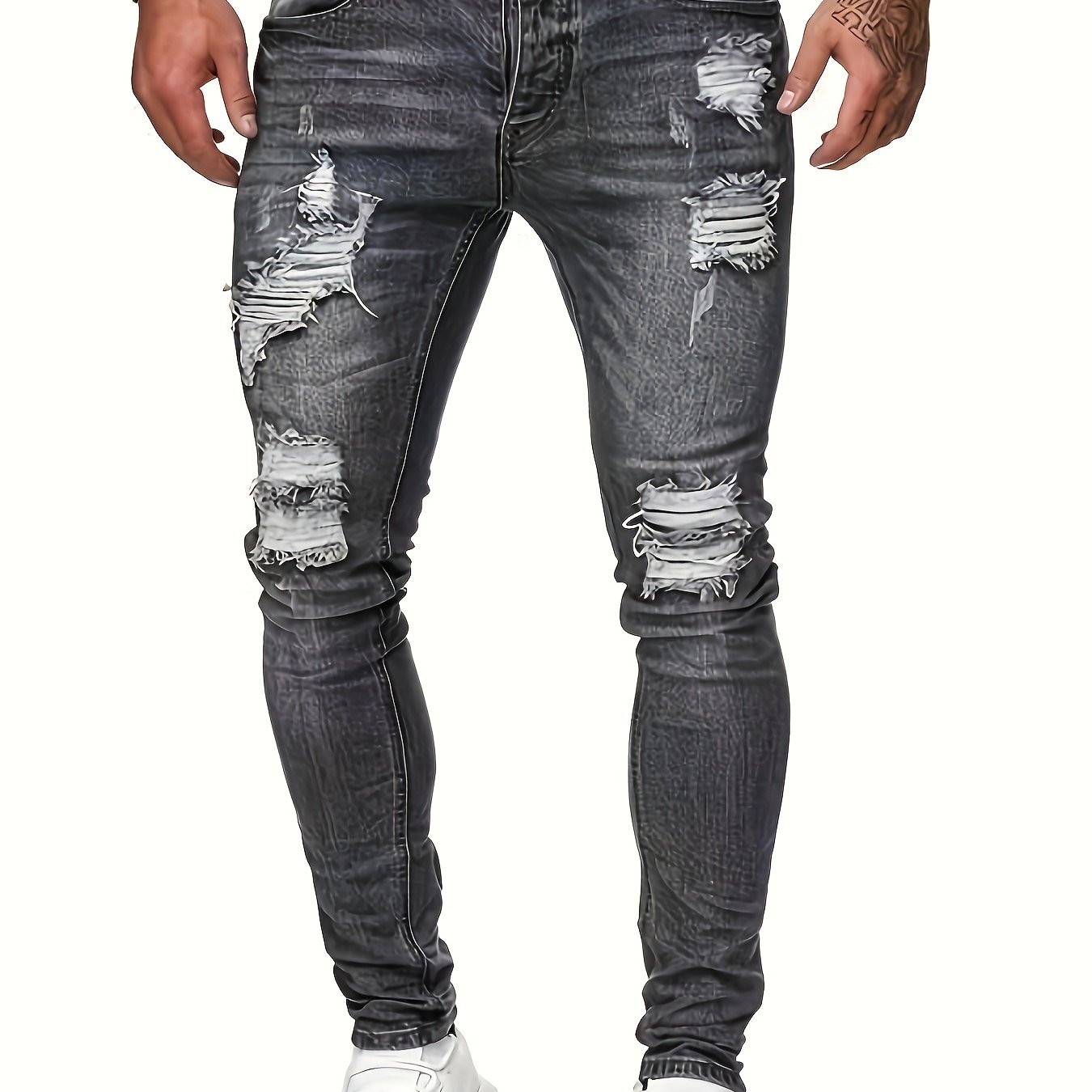 Image of Men's Skinny Jeans With Distressed White Washed Black Denim - Stretch Blue Ripped Skinny-fit Tapered Pants, Frayed Hem & Knee Tear For Casual & Formal Wear, Machine Washable ( Wash)