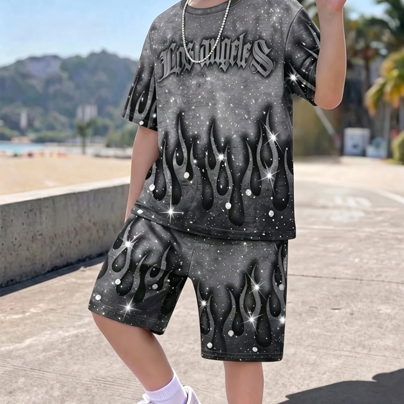 TEMU [print Design - Not Textured / 2d Printing] Boys' Summer Fashion New Dark Gray Flame Print Short Sleeve And Shorts Set, Suitable For Spring And