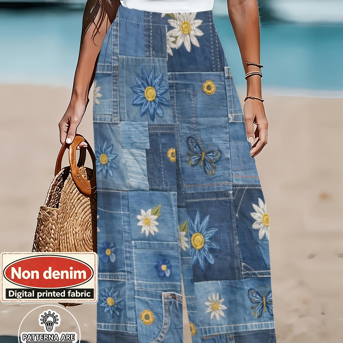 TEMU [printed Pants - Not Denim Fabric]women's Faux Denim Floral Print Wide Leg Pants, Loose Straight Slim Fit, Soft Lightweight Stretch Flowy Casual