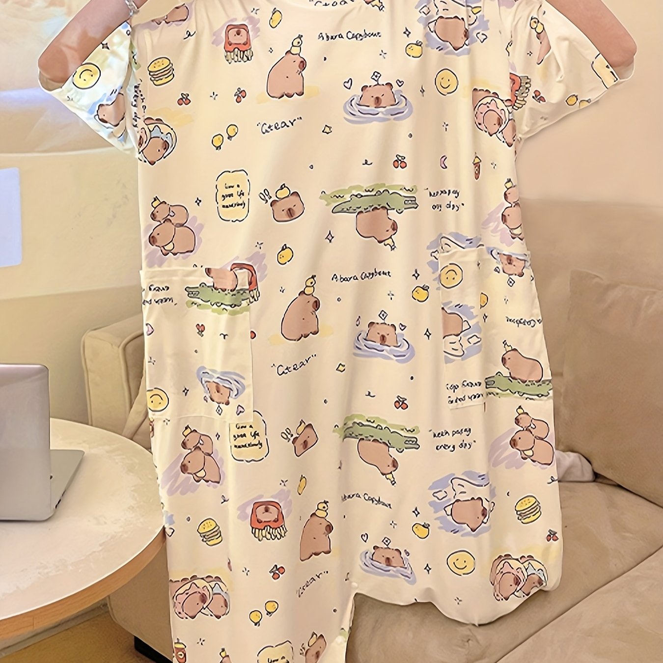 TEMU レディース かわいいキャラクタープリントパジャマパンツ - 半袖、、付きボタン留め、ゆったり快適 春/夏用