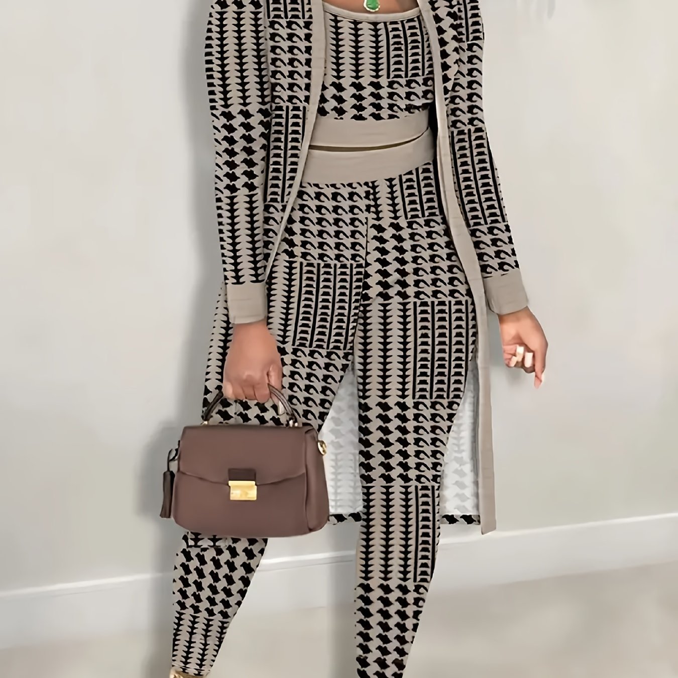 TEMU Chic Two-piece Set For Women - Long Sleeve Open Front Cardigan & Pants, Machine Washable