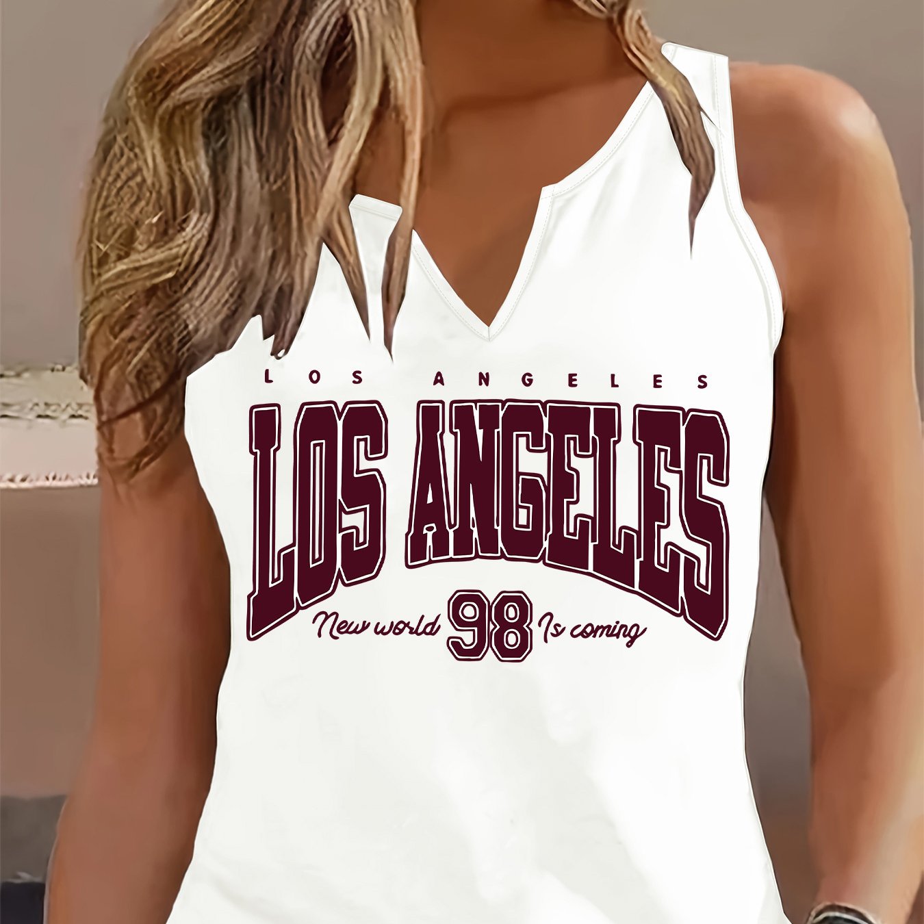 TEMU Fashionable Women's Tank Top With A Printed V-neck Design, Perfect For A Cool And Versatile Spring And