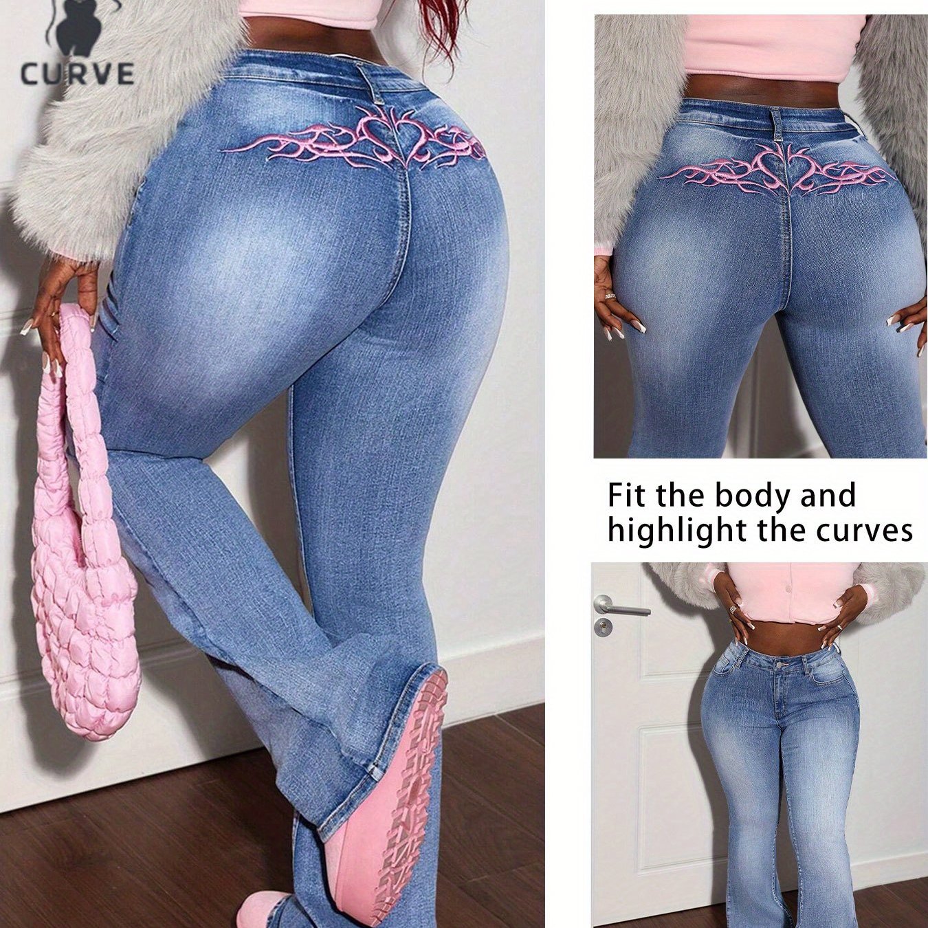 TEMU Plus Size Women' Blue Stretch Flared Jeans With Pink Embroidery To Highlight Your