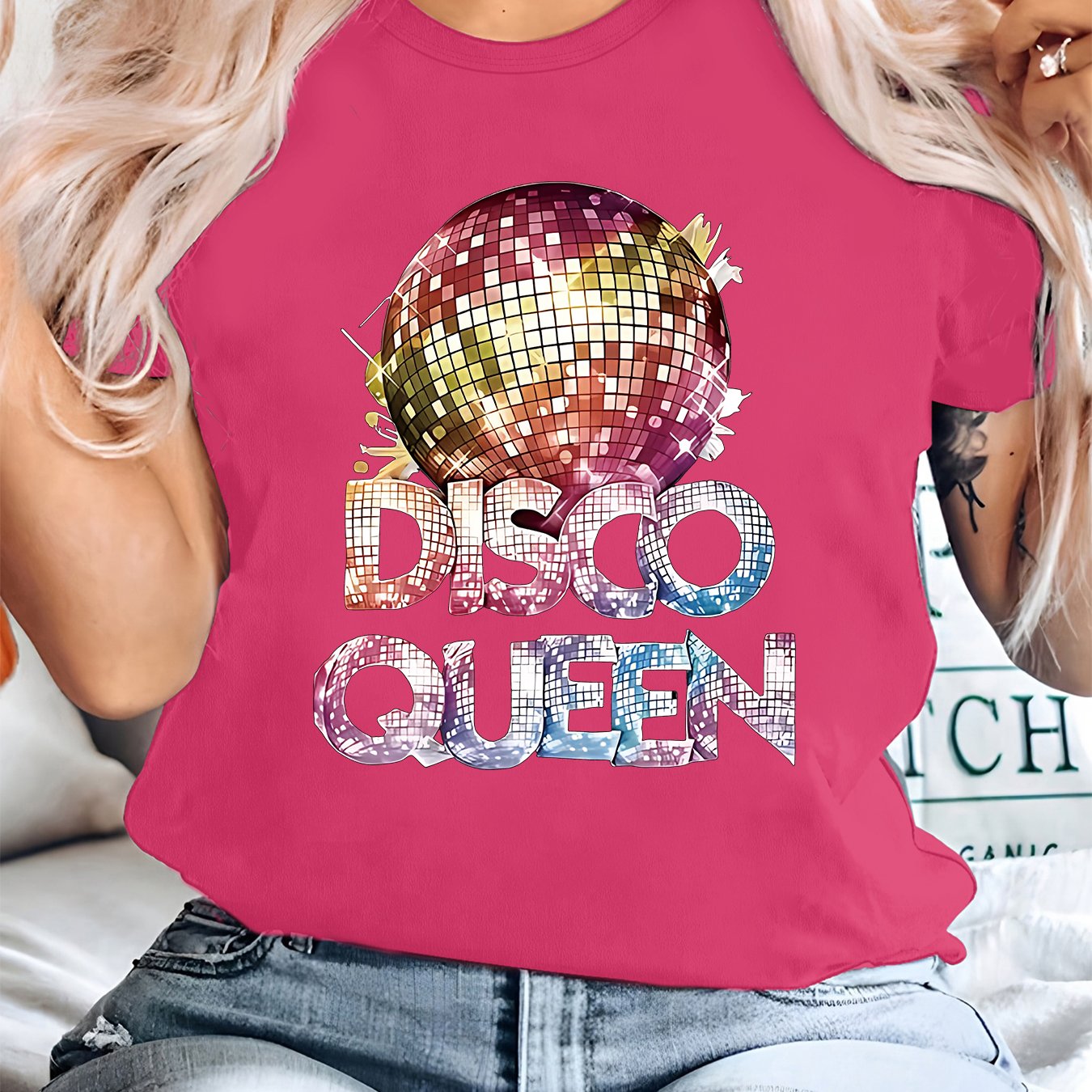 TEMU Plus Size - Plus Size - Disco Queen Plus Size Women's Casual T-shirt With Text Print, Black And White Geometric Pattern, Stretch Fabric, Round