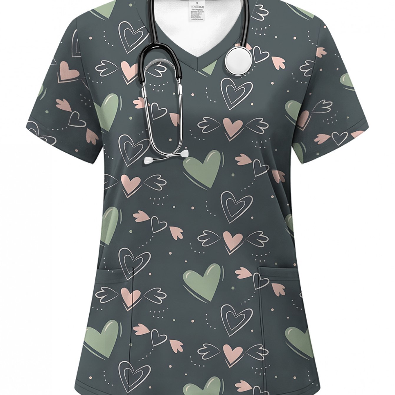 TEMU Haut à manches courtes avec imprimé cœurs amusants, Imprimé numérique, Tendance mode pour femme, Haut de travail pour infirmière, Vêtement