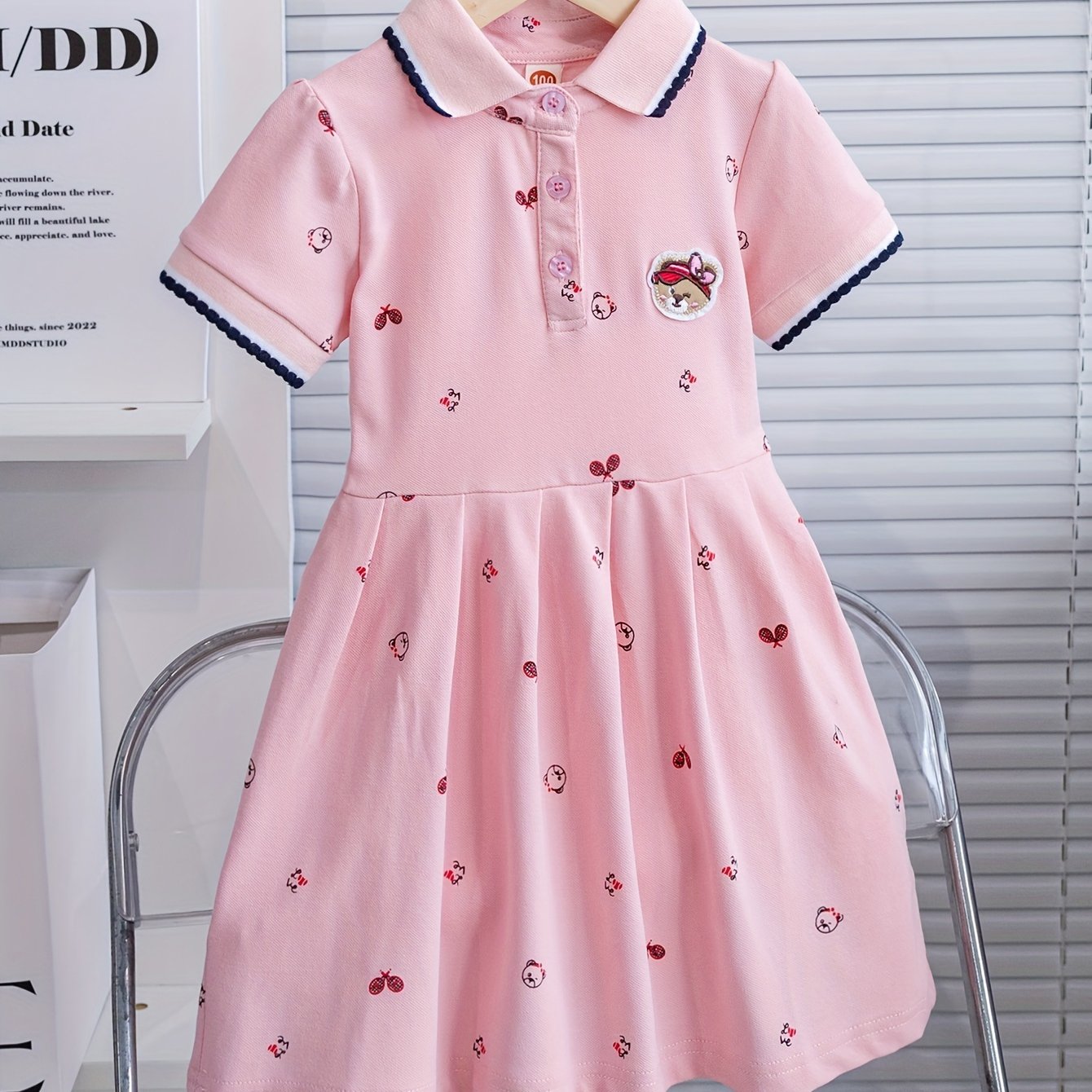 Image of Summer Girls' Dress, Thin Cartoon Bear Princess Dress, Preppy Style Lace Collar Skirt