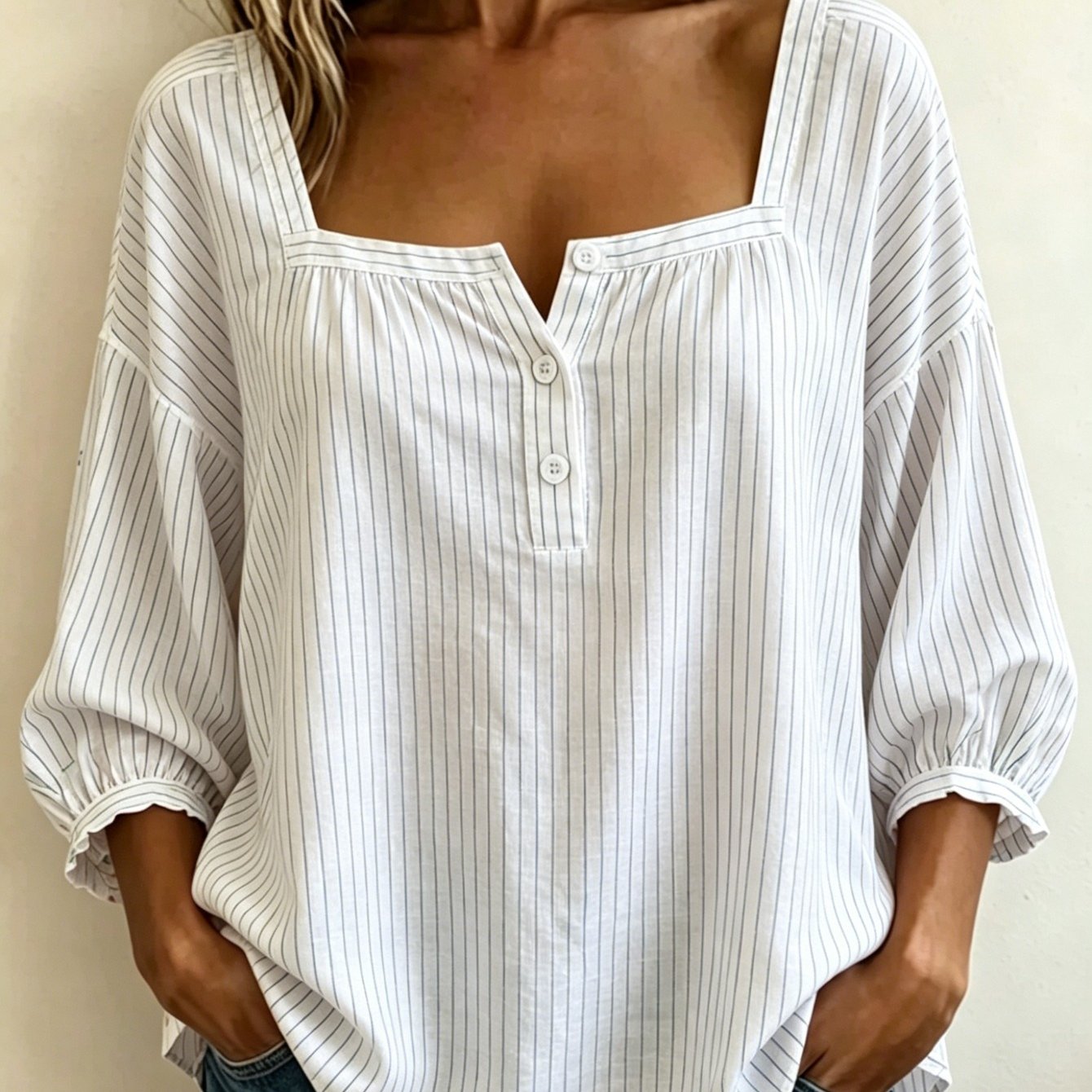 Plus Size - Women' Neck Button Front Blouse 3/4 Puff Sleeve Striped Loose Fit Tunic Tops For Work Office Daily Wear