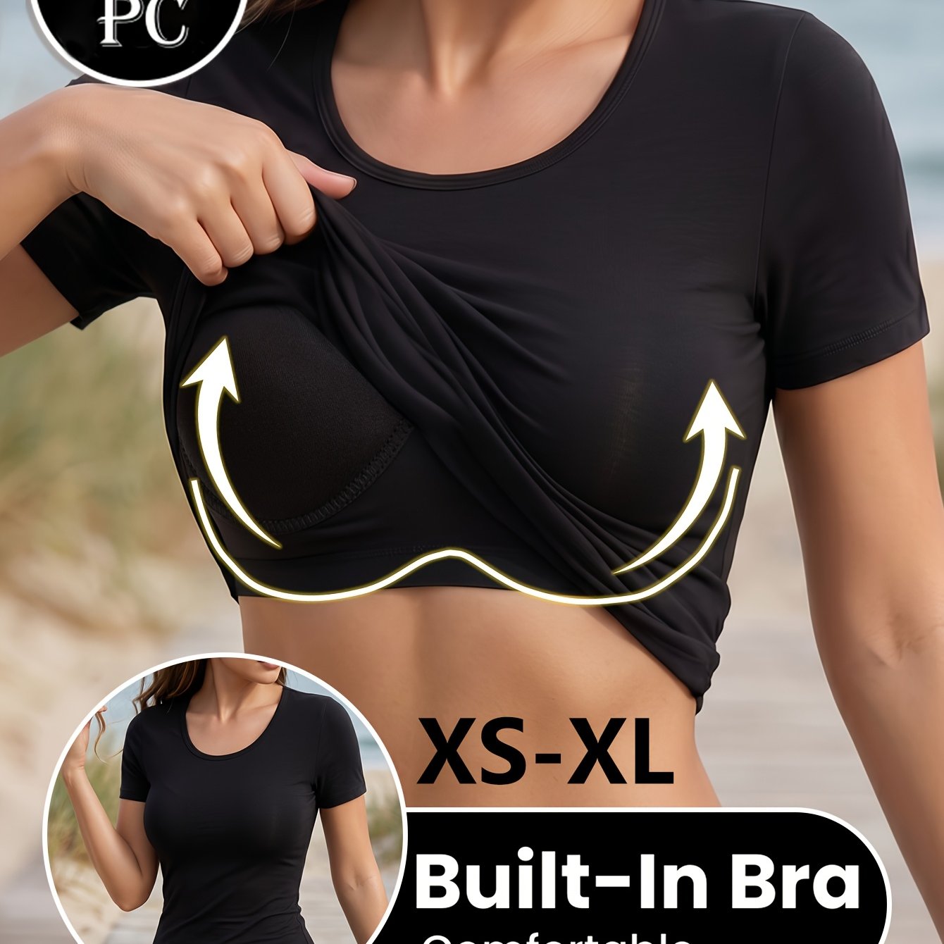 TEMU 1pc Women's 2-in-1 Short Sleeve T-shirt With Built-in Coaster, Women's Short Sleeve Top, 2-in-1 T-shirt, New Style Short Sleeve Athletic Fitness