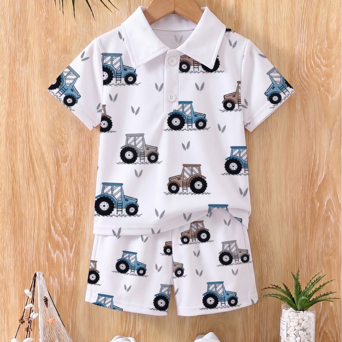 Image of Toddler Collared Outfit, Baby Boys Shirt Set, White Tractor Print Short Sleeve Top& Shorts 2pcs, Summer Casual Outfit, Suitable For Daily Wear, Perfect For Outdoor